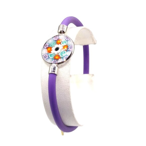 Millefiori Disc Silicone Bracelet, Purple and Flowers, Gift for Her, Murano Glas - Picture 3 of 4